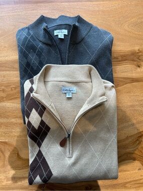 Walter Hagen Men’s Half-Zip Sweaters in Beige with Brown Argyle and Charcoal